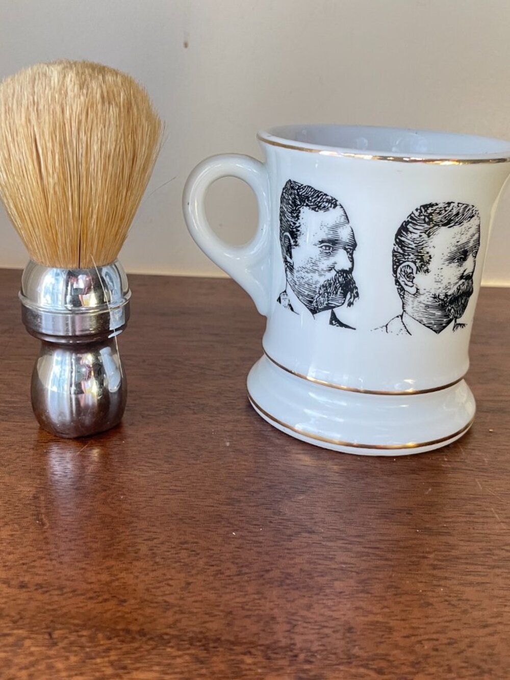 VTG Porcelain Barber's Mug Mustached Gentlemen & Shaving Brush Barbershop